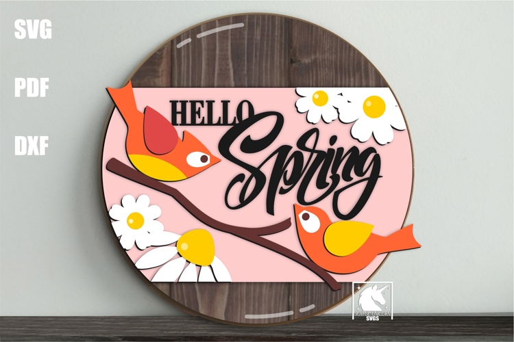 Hello Spring Birds Door Hanger SVG | Spring Floral Sign SVG