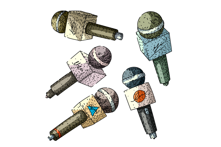 Reporting news microphones vintage engraving illustration