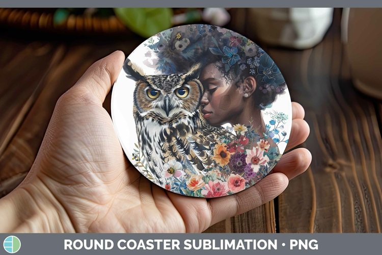 Watercolor Owl African American Female Round Coaster Sublima
