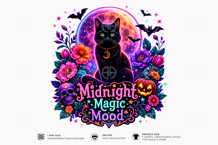 Midnight Magic Mood Black Cat Halloween Sublimation T-Shirt