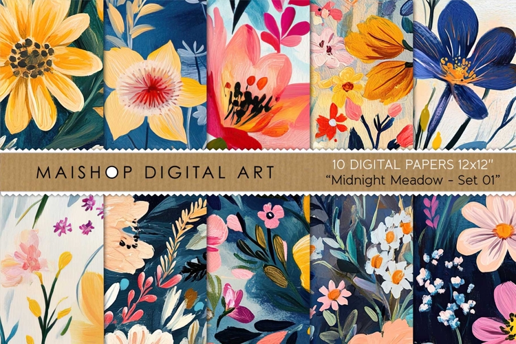 Colorful Painted Wildflowers on Bright Artistic Backgrounds