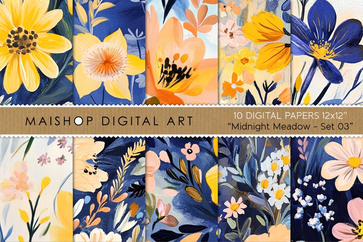 Whimsical Floral Digital Paper Pack Bright Mixed Colors