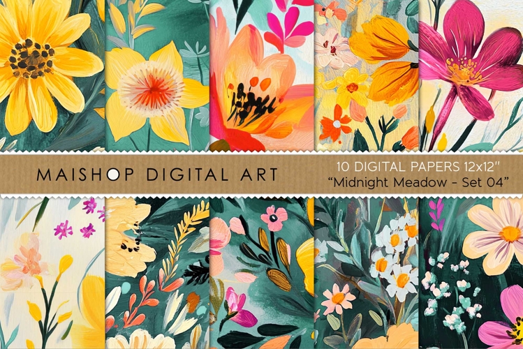 Floral Digital Papers with Artistic Brushstrokes