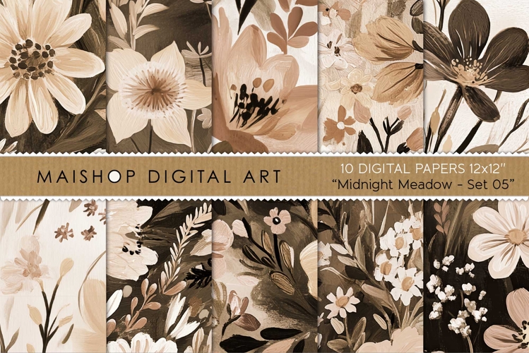 Modern Meadow Floral Digital Papers in Warm Sepia Tones