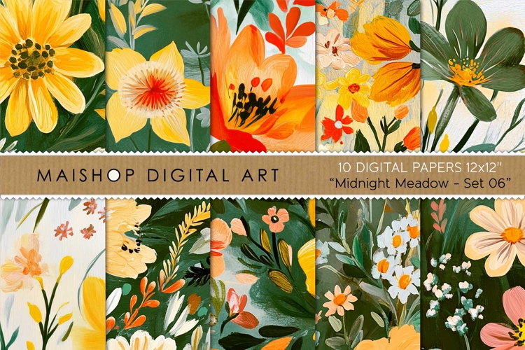 Modern Meadow Floral Digital Papers in Green Yellow Orange
