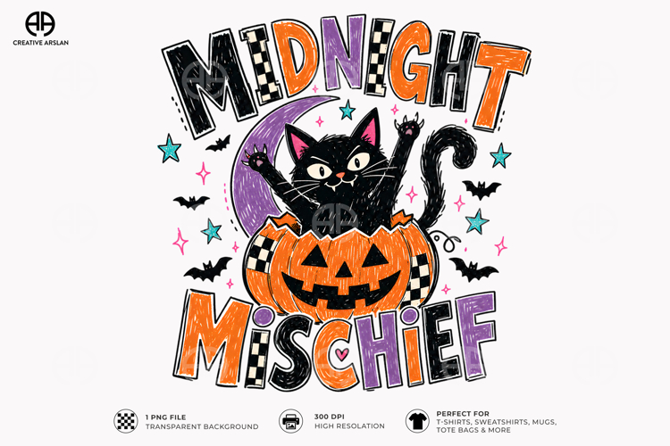 Midnight Mischief Cat PNG - Black Cat Halloween Shirt Design