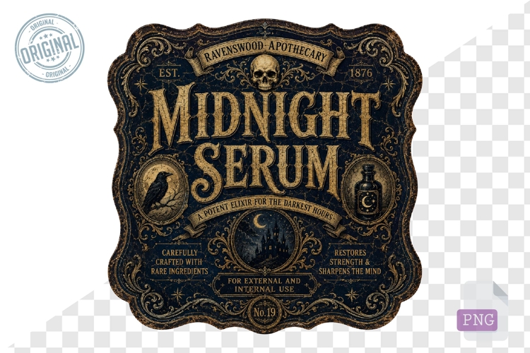 Midnight Serum Gothic Apothecary Potion Label PNG Art