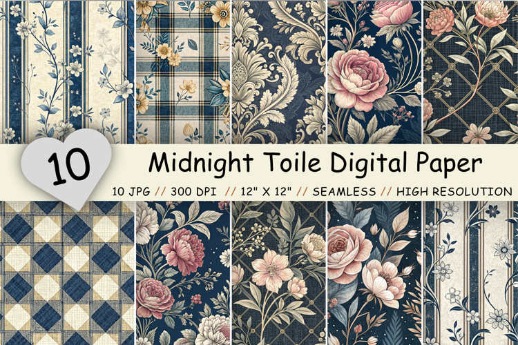 Midnight Toile Digital Paper Pack, Vintage Floral Toile