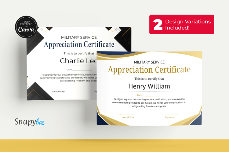 Military Service Appreciation Certificate Custom Templates