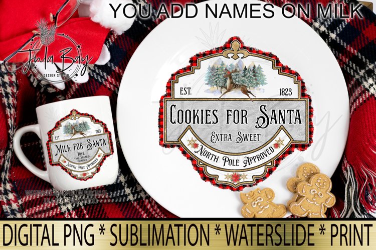 Milk and Cookies For Santa Christmas Sublimation PNG Cookies for Santa Vintage Buffalo Plaid You Customize with Family Name