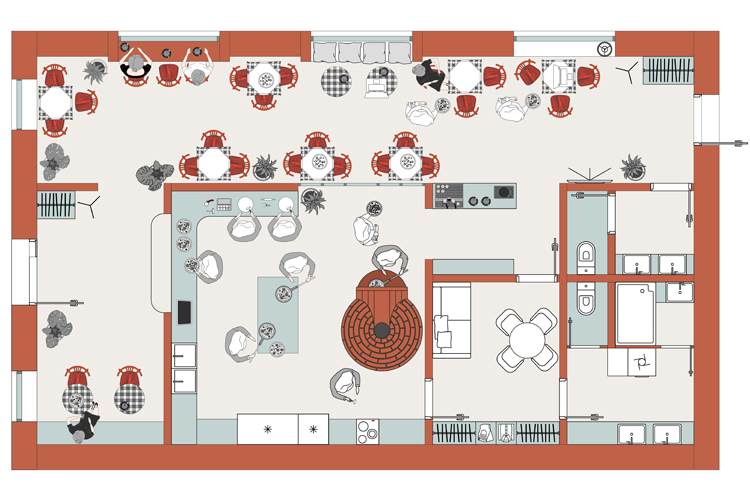 Pizzeria restaurant with an open chef kitchen. Vector