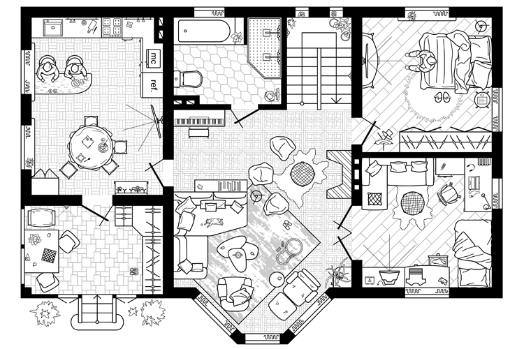 Floor plan in top view with furniture. Vector