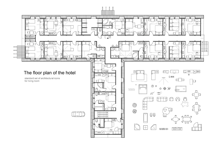 Hotel planning, furniture icon set in top view. Vector
