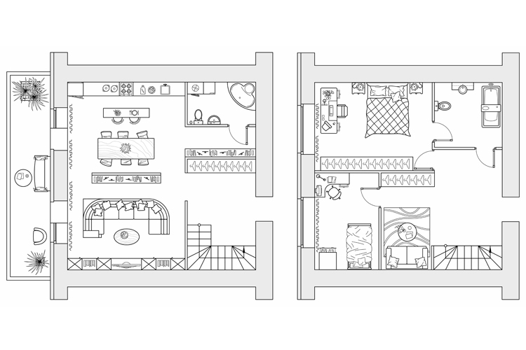 Planning of two storey apartment with furniture. Vector