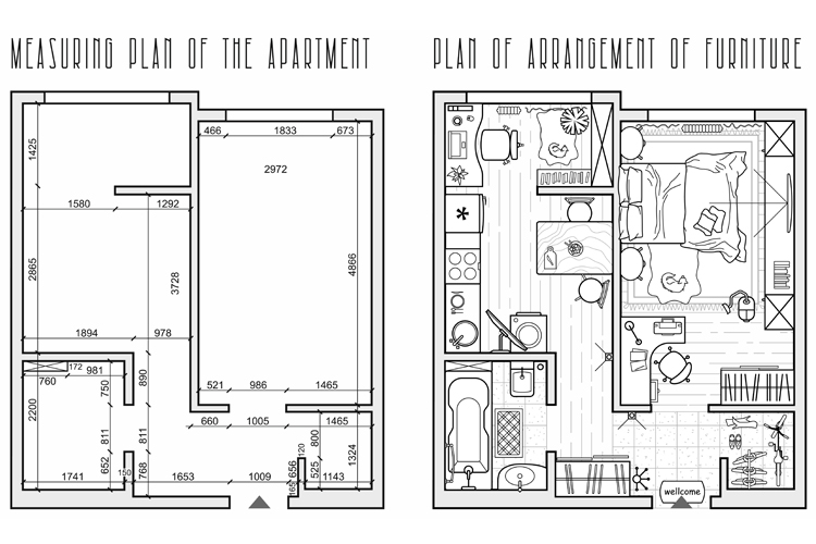 Measuring plan of apartment and furniture floor plan. Vector