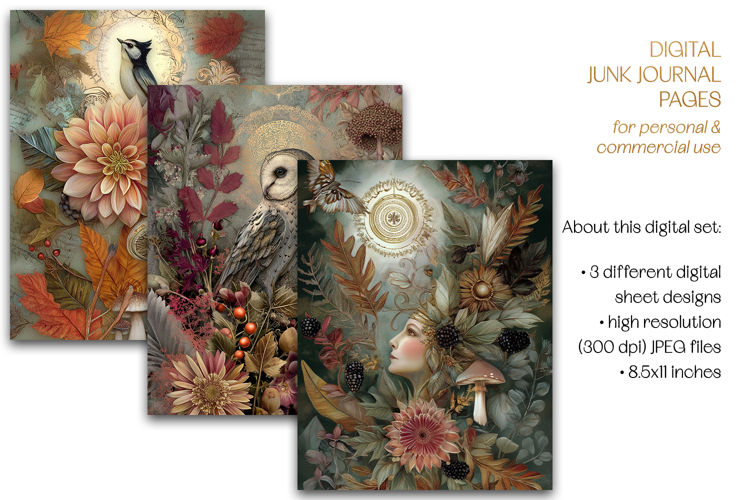 Enchanted Autumn Junk Journal Sheets - 3 JPEG Files