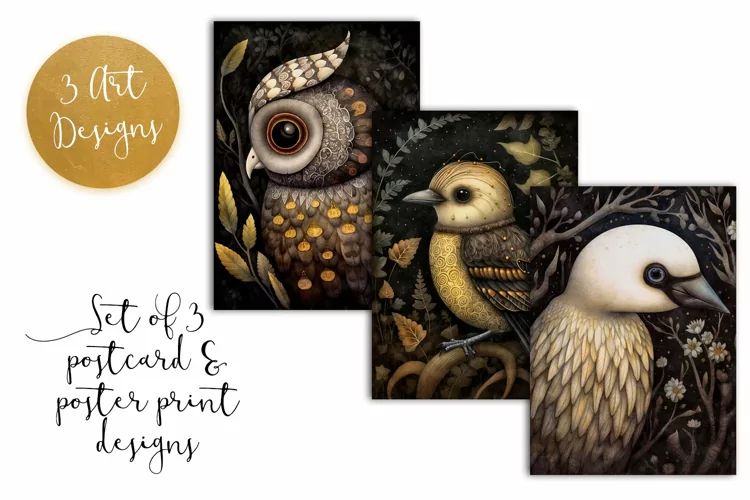 Dark Garden Birds Postcard & Art - 3 JPEG Files