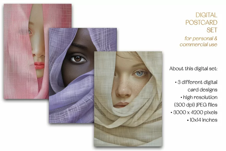Faces In Linen Postcard & Art - 3 JPEG Files