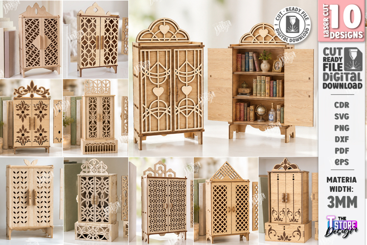 Miniature Cabinet Book Nook Laser Cut Bundle | Dollhouse SVG