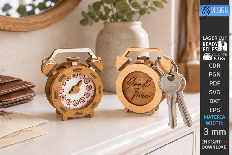 Retro Miniature Keychain Laser Cut | 3D Vintage Alarm Clock