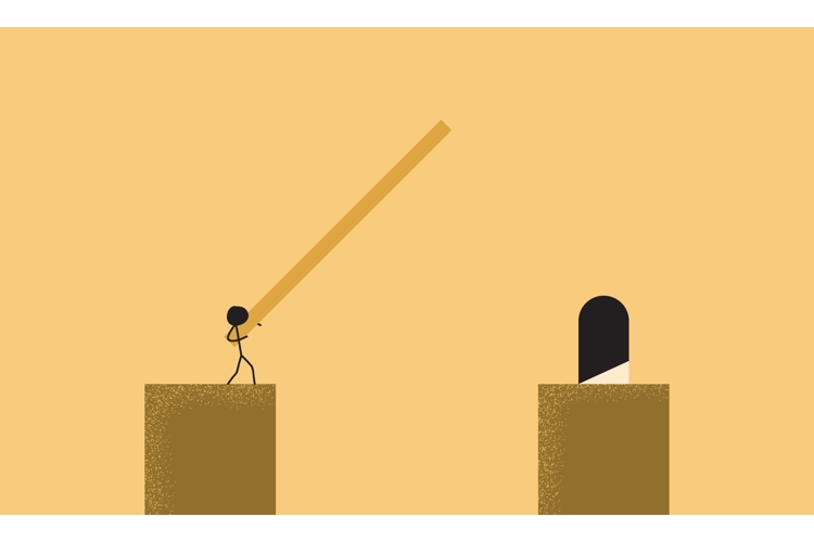 A Man Trying to Cross a Cliff Using a Wooden Plank