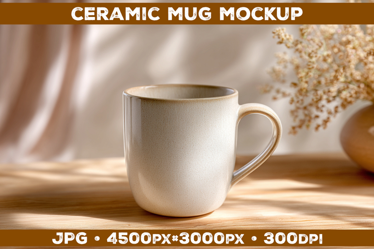 Ceramic Mug Mockup on Wooden Table with Cozy Home Aesthetic