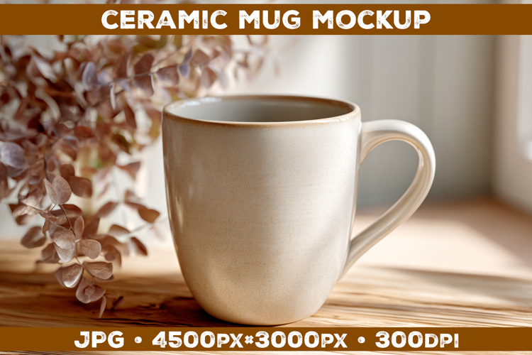 Ceramic Mug Mockup on Wooden Table with Cozy Home Aesthetic