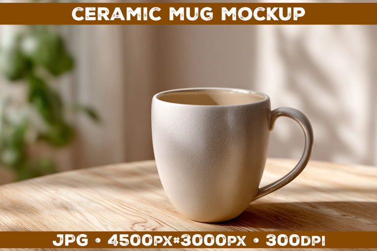 Ceramic Mug Mockup on Wooden Table with Cozy Home Aesthetic
