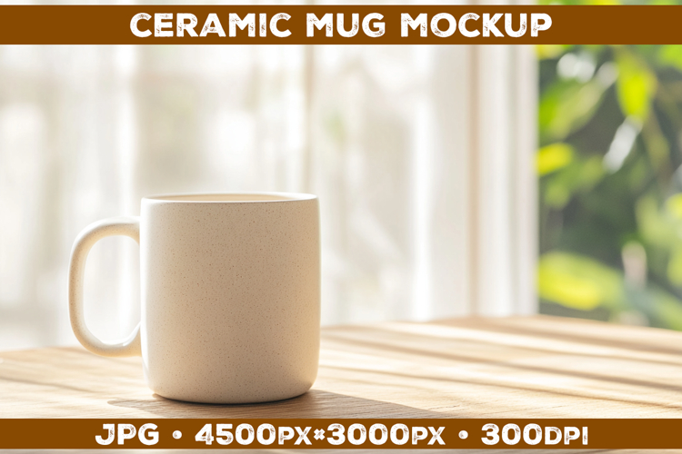 Ceramic Mug Mockup on Wooden Table with Cozy Home Aesthetic