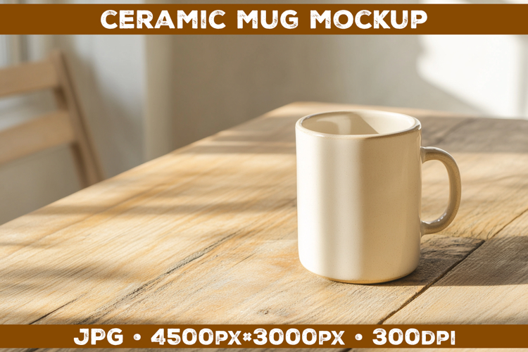 Ceramic Mug Mockup on Wooden Table with Cozy Home Aesthetic