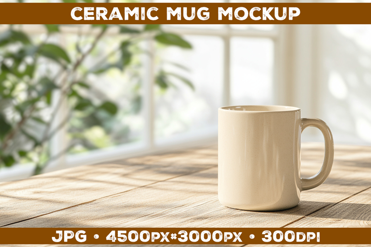 Ceramic Mug Mockup on Wooden Table with Cozy Home Aesthetic