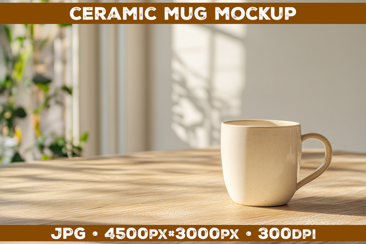Ceramic Mug Mockup on Wooden Table with Cozy Home Aesthetic