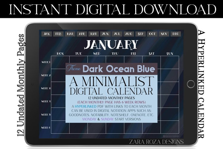 Dark Blue Ocean Goodnotes Monthly Digital Calendar Planner