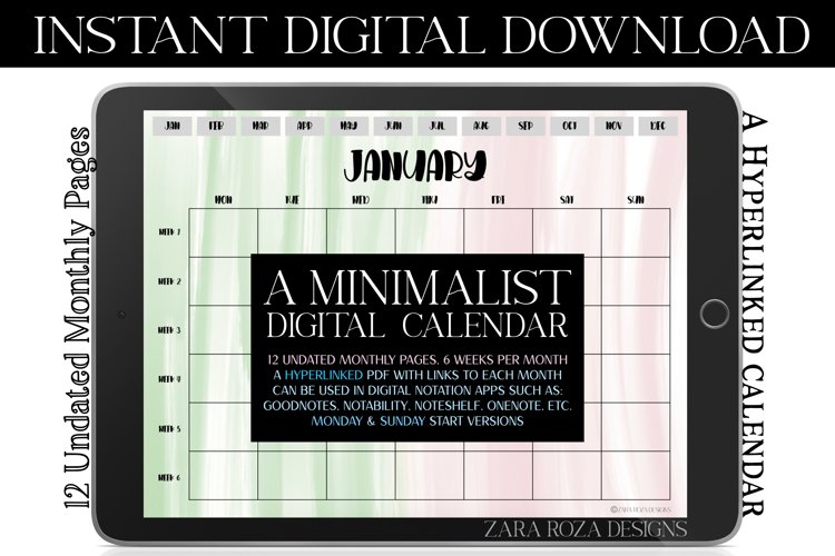 Pink Green Monthly Digital Calendar, Goodnotes Notability example image 1