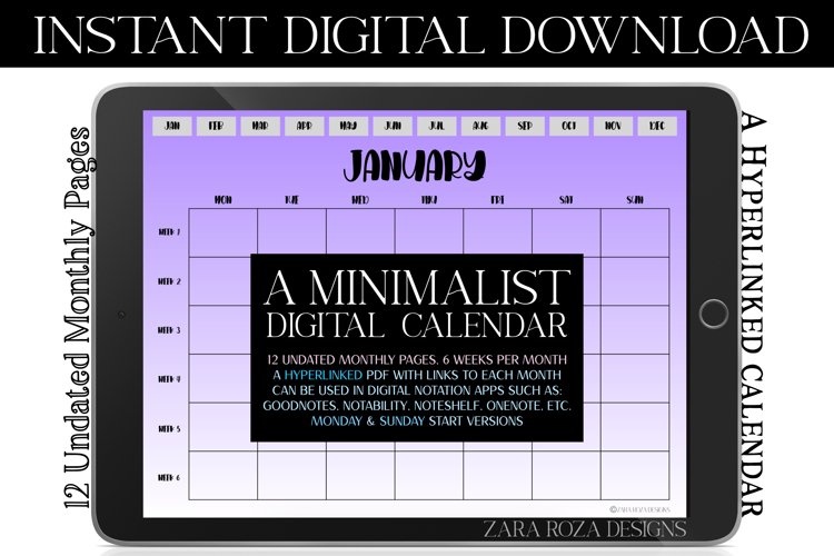 Amethyst Purple Monthly Undated Digital Planner Calendar
