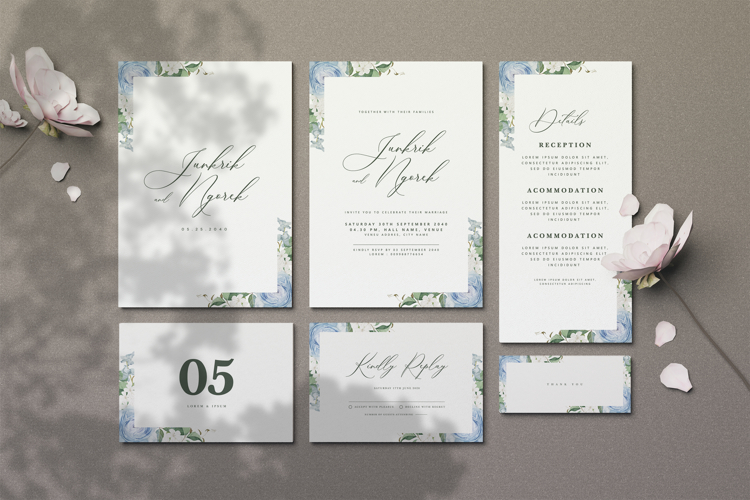 minimalist wedding card invitation set with roses flower