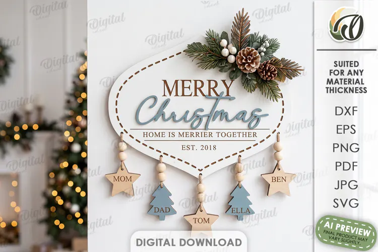 Minimalist Christmas Door Sign Lasercut. Merry Christmas SVG