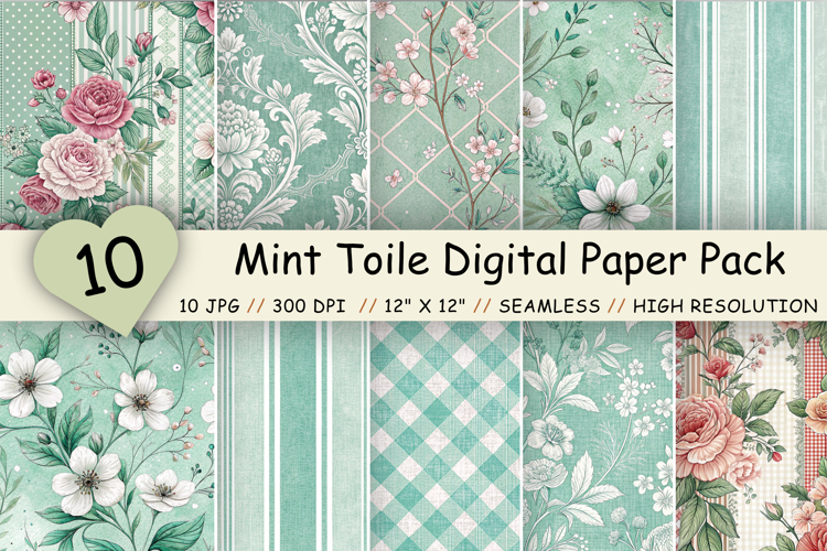 Mint Toile Digital Paper Pack, Vintage Floral Toile, Gingham