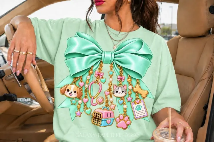 Mint Veterinarian Bow PNG with Dog and Cat Charms