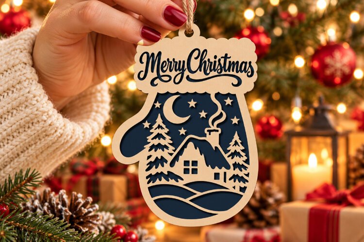 Mitten Bauble Laser Cut Wood File, Christmas Ornament SVG example image 1