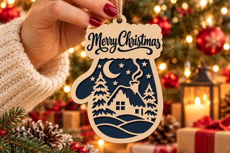 Mitten Bauble Laser Cut Wood File, Christmas Ornament SVG