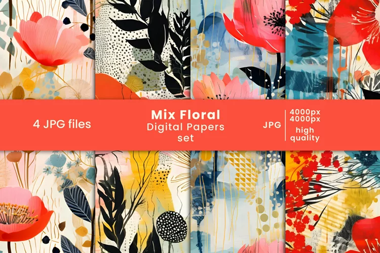 mix floral digital papers and colorful flower patterns