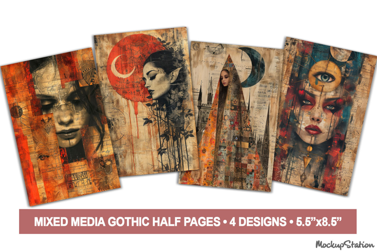 Gothic Mixed Media Women Portraits, Art Collage Papers