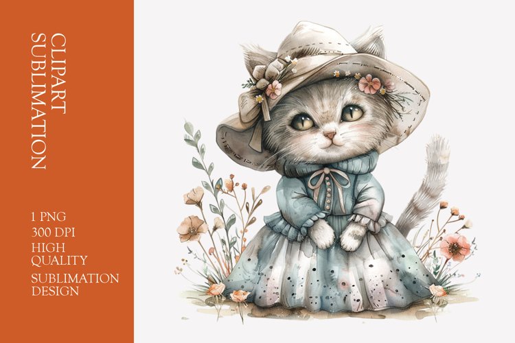 Cute Cat with Flower And Hat WYatercolor Clipart