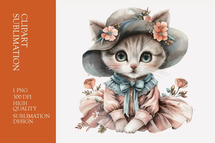 Cute Cat with Flower And Hat WYatercolor Clipart