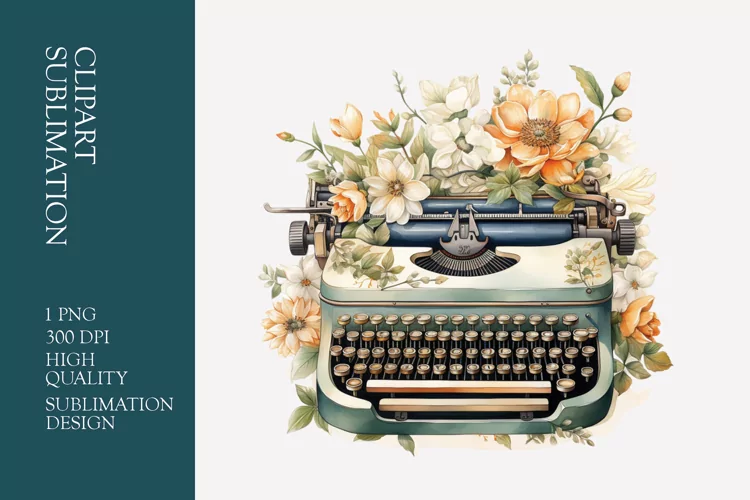 Vintage Floral Typewriter Watercolor Clipart Sublimation
