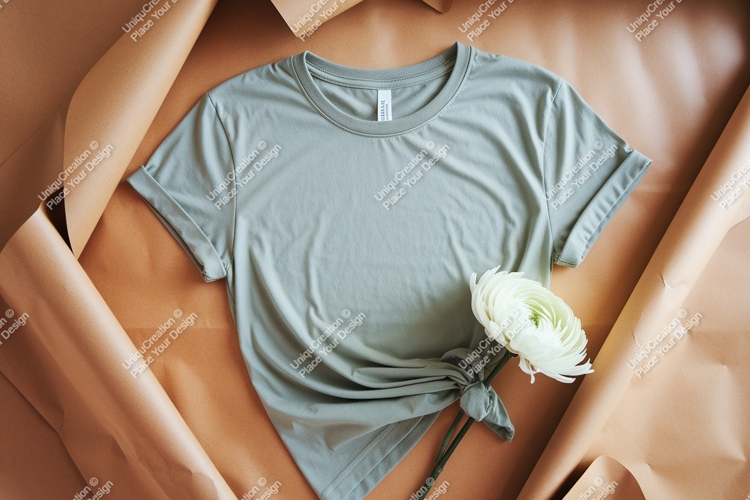 Sage green t shirt mockup with flower image