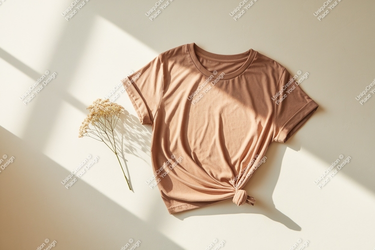 Tan t shirt with dried flowers and light shadows brown