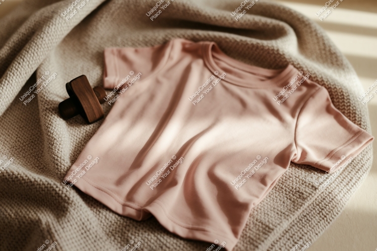 Pink t shirt mockup with wooden detail clothing
