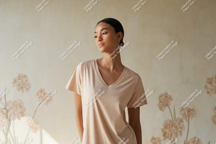Woman wearing plain v-neck t-shirt peach